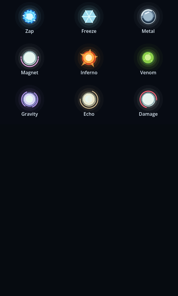 Nine enlarged in-game ball materials labeled Zap, Freeze, Metal, Magnet, Inferno, Venom, Gravity, Echo and Damage