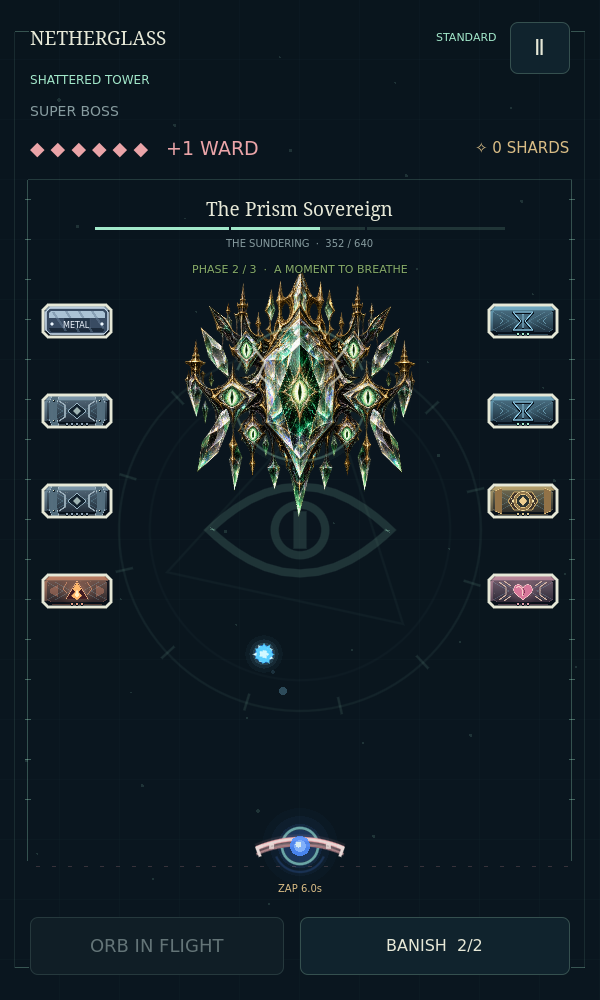 The textured Prism Sovereign Super Boss in Shattered Tower Boss Rush, with eight side-wall seals and a Zap ball