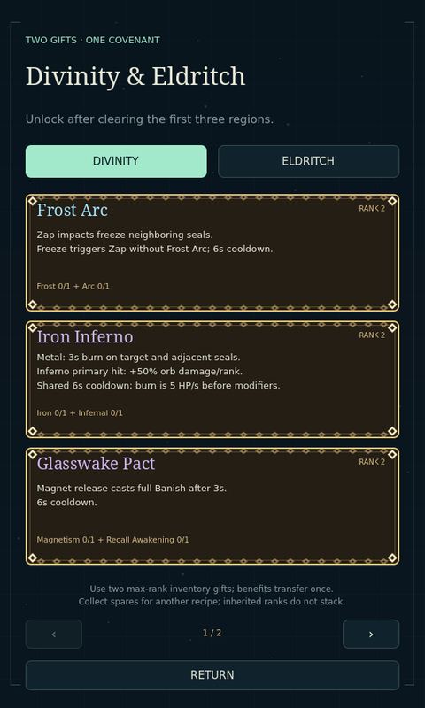 Current Divinity recipes for Frost Arc, Iron Inferno and Glasswake Pact, each using two max-ranked Gifts