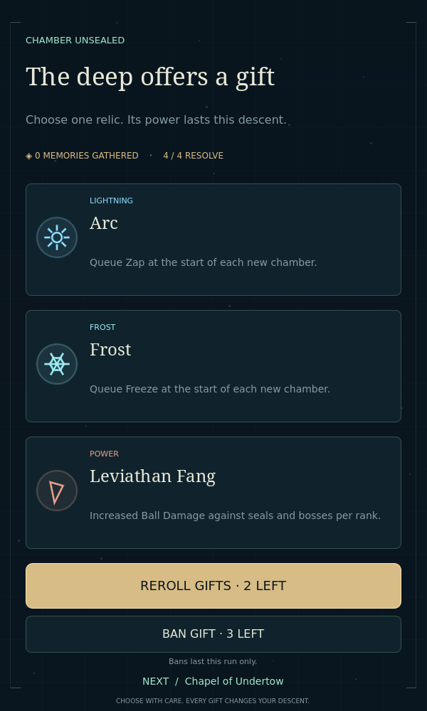 Gift choices with a gold Reroll Gifts button above Ban Gift, three bans remaining
