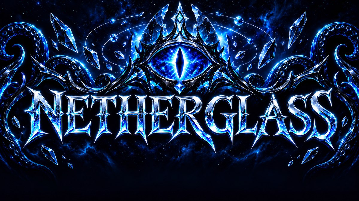 Netherglass lettering beneath an electric-blue eldritch eye surrounded by glass and tentacles