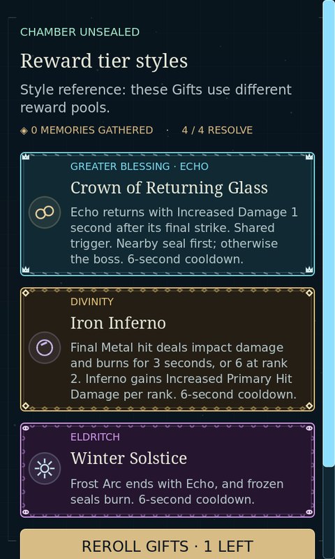 Large text reward cards with complete wrapped effects; scroll to reach later choices and rerolls