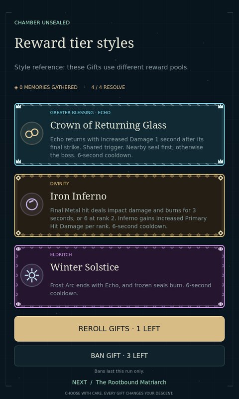 Staged tier-style reference: ice-blue Greater Blessing, gold Divinity and amethyst Eldritch cards, with a separate large gold Reroll Gifts button